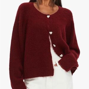 Women’s Burgundy Heart-Button Cozy Knit Cardigan Sweater